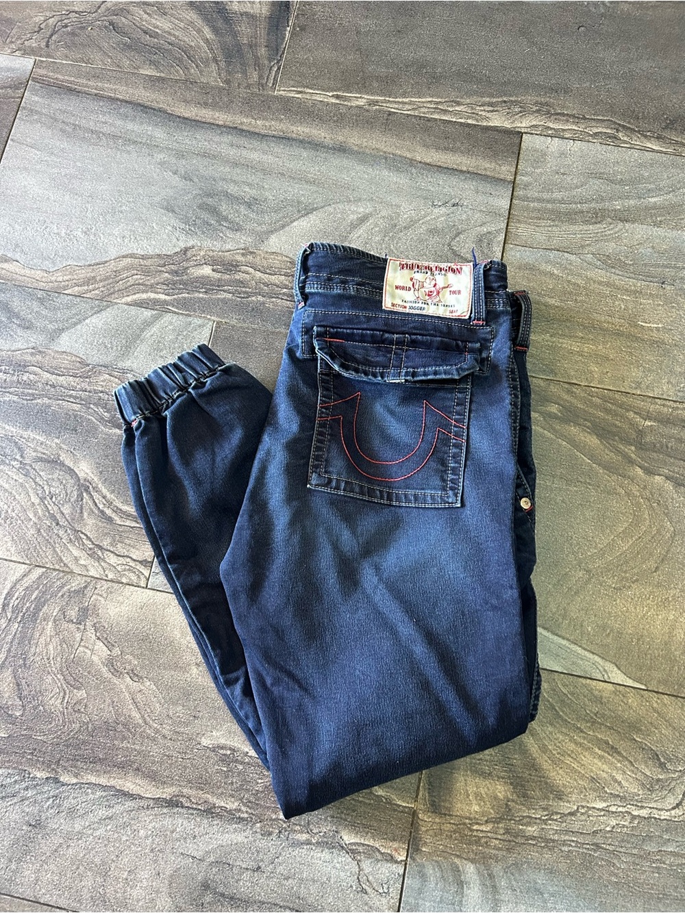 True Religion Men’s Dark Blue Relaxed Jeans with Red Stitching